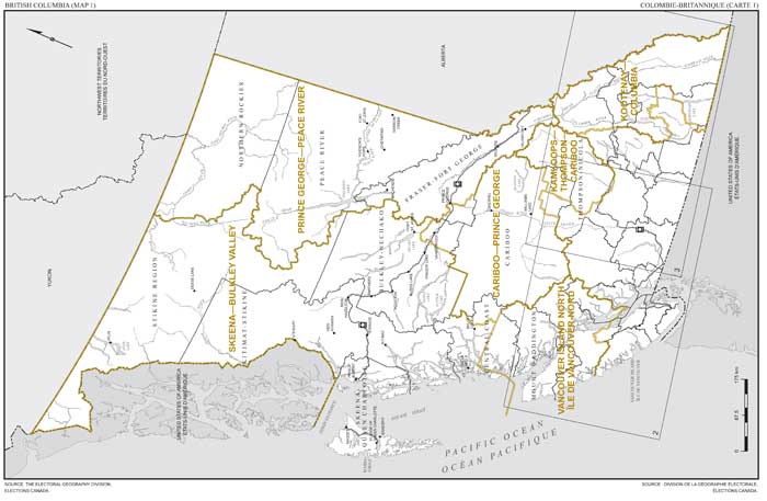 Carte 1 : Carte des limites et noms proposés pour les circonscriptions électorales de la Colombie-Britannique