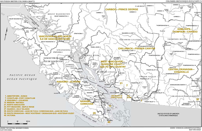 Carte 2 : Carte des limites et noms proposés pour les circonscriptions électorales de la Colombie-Britannique-Sud