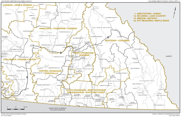 Carte 3 : Carte des limites et noms proposés pour les circonscriptions électorales de la Colombie-Britannique-Sud