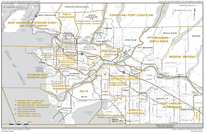 Carte 9 : Carte des limites et noms proposés pour les circonscriptions électorales de la ville de Vancouver et les environs
