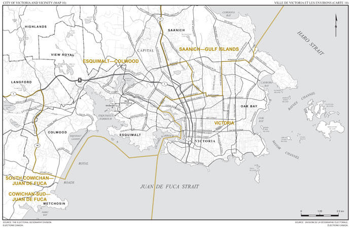 Carte 10 : Carte des limites et noms proposés pour les circonscriptions électorales de la ville de Victoria et les environs