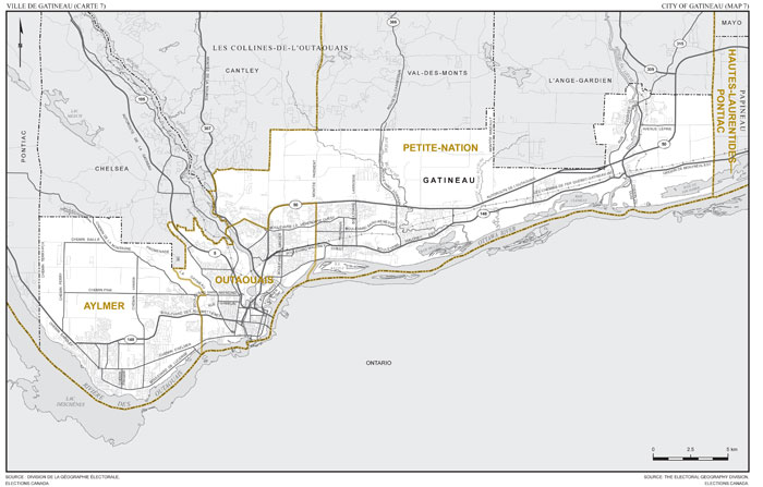 Map 7: Map of proposed boundaries and names for the electoral districts of Aylmer, Outaouais and Petite-Nation