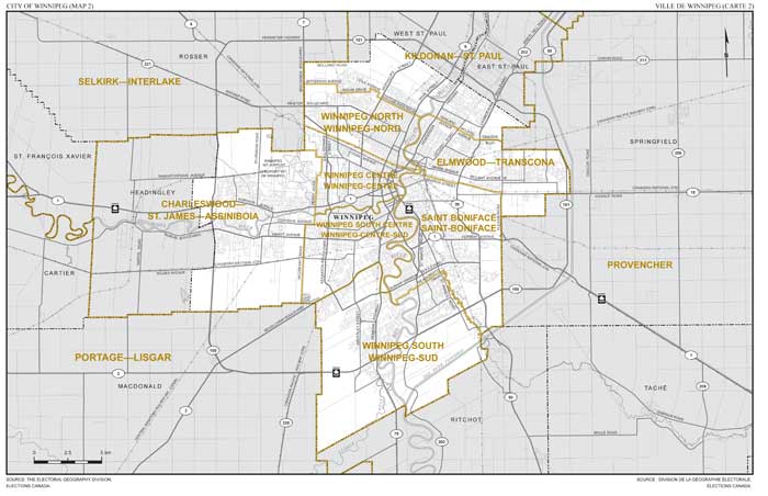 Map 2: Map of proposed boundaries and names for the electoral districts of Winnipeg