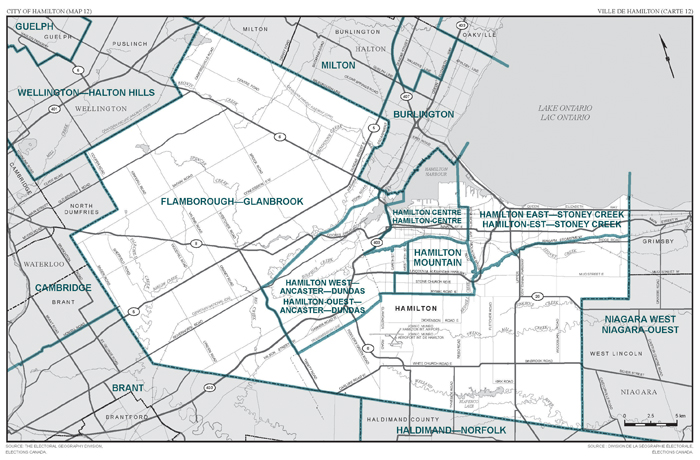 Map 12: Map of proposed boundaries and names for the electoral districts of Ontario, Hamilton