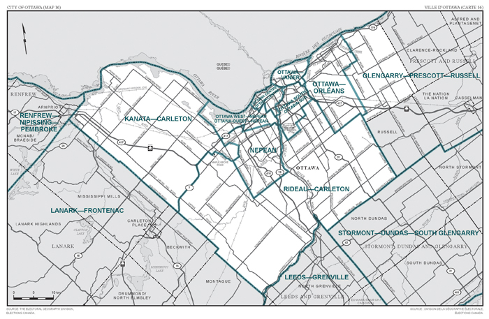Map 16: Map of proposed boundaries and names for the electoral districts of Ontario, Ottawa