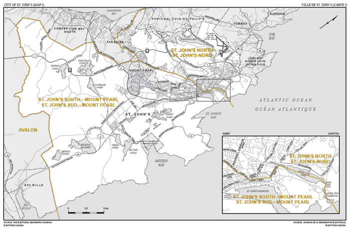 Map 2: Map of proposed boundaries and names for the electoral districts of St. John's North and St. John's South—Mount Pearl