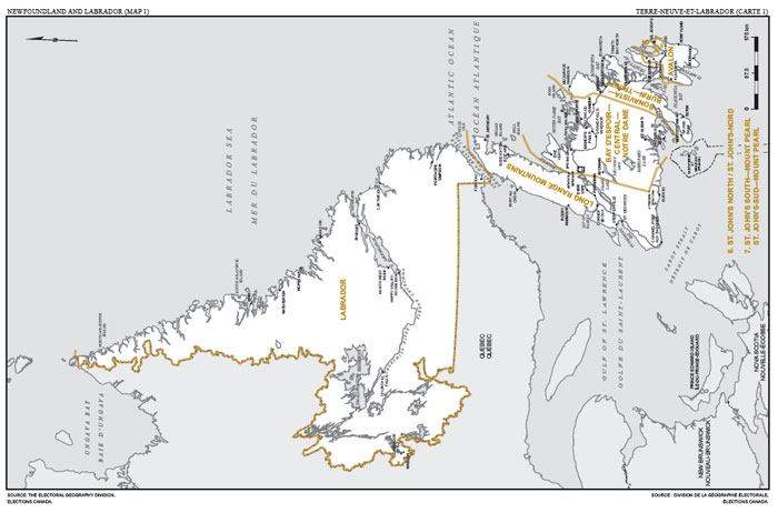 Map 1: Map of proposed boundaries and names for the electoral districts of Avalon, Bay d'Espoir—Central—Notre Dame, Bonavista—Burin—Trinity, Labrador, and Long Range Mountains