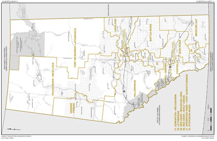 Map 1: Map of proposed boundaries and names for certain electoral districts of Alberta (Banff—Airdrie, Battle River, Bow River, Edmonton—Wetaskiwin, Foothills, Fort McMurray—Athabasca, Grande Prairie, Lakeland, Lethbridge, Medicine Hat, Peace River—Westlock, Sherwood Park—Fort Saskatchewan, Sturgeon River, Yellowhead).