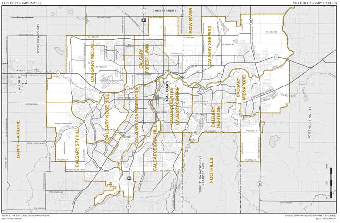 Map 2: Map of proposed boundaries and names for the electoral districts of the City of Calgary (Calgary Centre, Calgary Confederation, Calgary Forest Lawn, Calgary Heritage, Calgary McCall, Calgary Midnapore, Calgary Nose Hill, Calgary Shepard, Calgary Signal Hill, Calgary Spy Hill). 