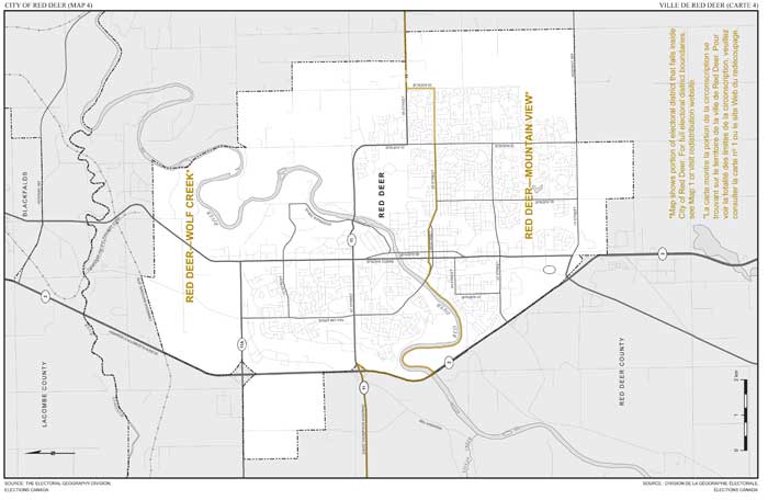 Map 4: Map of proposed boundaries and names for the electoral districts of the City of Red Deer (Red Deer—Mountain View, Red Deer—Wolf Creek).