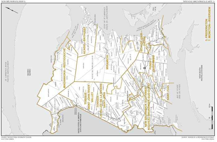 Carte 1 : Carte des limites et noms proposés pour les circonscriptions électorales du Nouveau-Brunswick (Acadie—Bathurst, Fredericton, Fundy—Quispamsis, Madawaska—Restigouche, Miramichi, Nouveau-Brunswick-Sud-Ouest, Saint John, Tobique—La vallée de la rivière Saint-Jean).