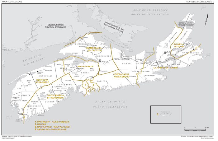 Map 1 - Map of proposed boundaries and names for the electoral districts of Nova Scotia