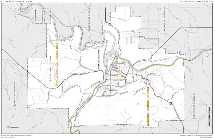 Map 8: Map of proposed boundaries and names for the electoral districts of the city of Prince George