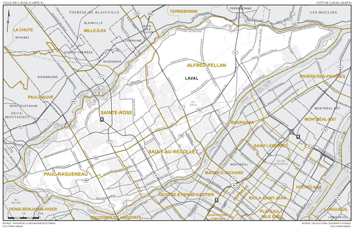Carte 8 : Carte des limites et noms proposés pour les circonscriptions électorales de Alfred-Pellan, Paul Ragueneau, Sainte-Rose et Sault-au-Récollet