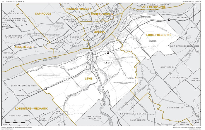 Map 9: Map of proposed boundaries and names for the electoral districts of Lévis and Louis-Fréchette