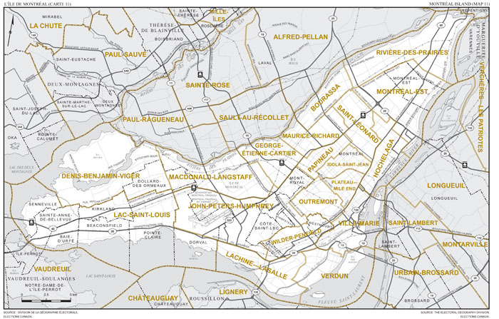 Map 11: Map of proposed boundaries and names for the electoral districts of Bourassa, Denis-Benjamin-Viger, Georges-Étienne-Cartier, Hochelaga, Idola-Saint-Jean, John-Peters-Humphrey, Lachine—Lasalle, Lac-Saint-Louis, MacDonald-Langstaff, Maurice-Richard, Montréal-Est, Outremont, Papineau, Plateau—Mile End, Rivière-des-Prairies, Saint-Léonard, Verdun, Ville-Marie and Wilder-Penfield