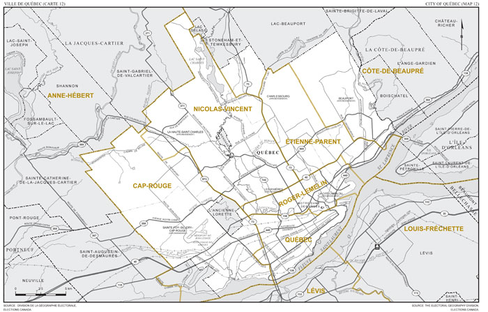 Carte 12 : Carte des limites et noms proposés pour les circonscriptions électorales de Cap-Rouge, Côte-de-Beaupré, Étienne-Parent, Nicolas-Vincent, Québec et Roger-Lemelin