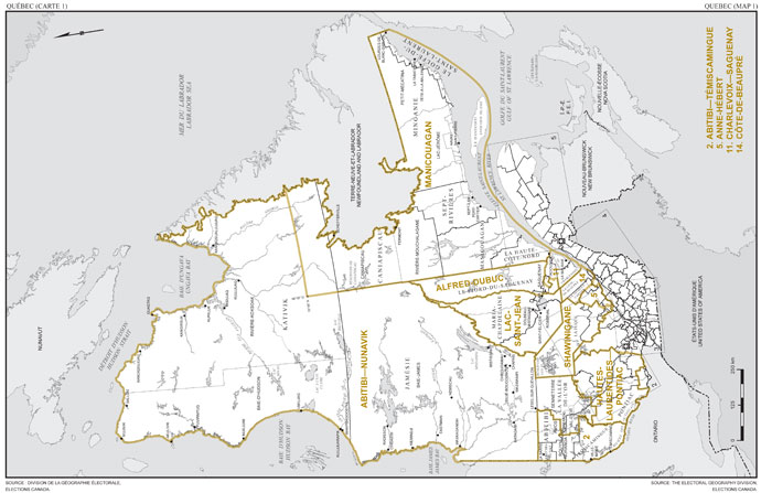 Map 1: Map of proposed boundaries and names for the electoral districts of Abitibi—Nunavik, Abitibi—Témiscamingue, Lac-Saint-Jean, and Manicouagan