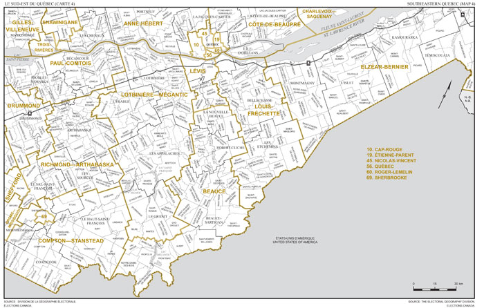 Carte 4 : Carte des limites et noms proposés pour les circonscriptions électorales de Beauce, Elzéar-Bernier, Lotbinière—Mégantic et Richmond—Arthabaska