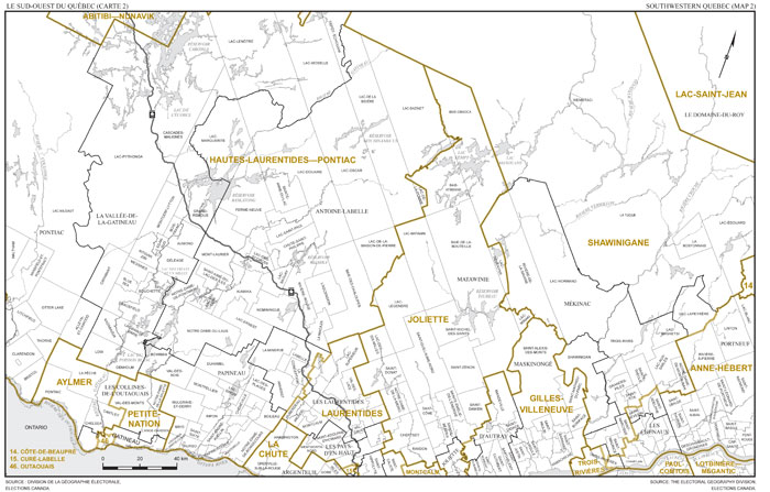Carte 2 : Carte des limites et noms proposés pour les circonscriptions électorales de Hautes-Laurentides—Pontiac et Joliette