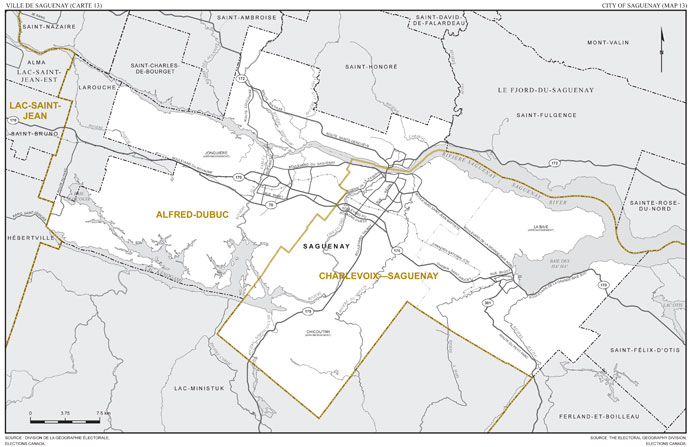 Carte 13 : Carte des limites et noms proposés pour les circonscriptions électorales de Alfred-Dubuc et Charlevoix—Saguenay