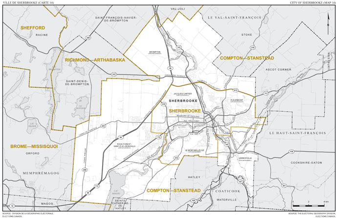 Map 14: Map of proposed boundaries and names for the electoral districts of Compton—Stanstead and Sherbrooke