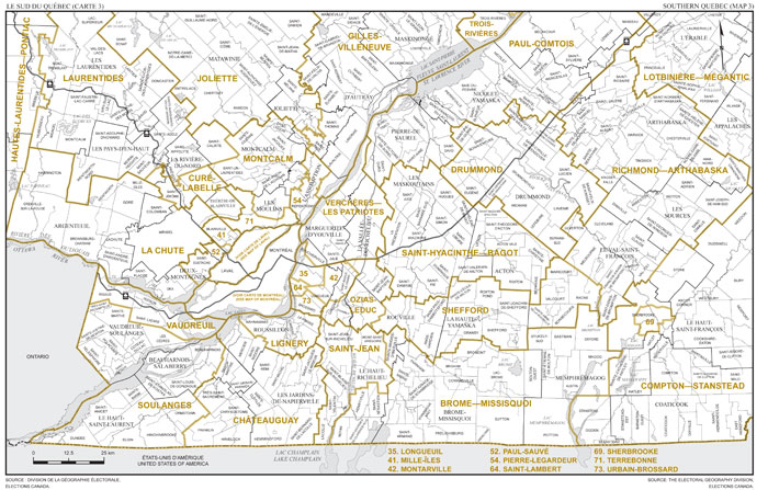 Map 3: Map of proposed boundaries and names for the electoral districts of Brome—Missisquoi, Châteauguay, Curé-Labelle, Drummond, Gilles-Villeneuve, La Chute, Laurentides, Lignery, Mille-Îles, Montcalm, Paul-Comtois, Paul-Sauvé, Pierre-Legardeur, Saint-Hyacinthe—Bagot, Saint-Jean, Shefford, Soulanges, Terrebonne and Vaudreuil