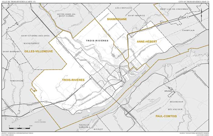 Carte 15 : Carte des limites et noms proposés pour les circonscriptions électorales de Anne-Hébert, Shawinigane et Trois-Rivières
