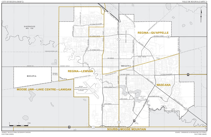 Map 2: Map of proposed boundaries and names for the electoral districts of the city of Regina
