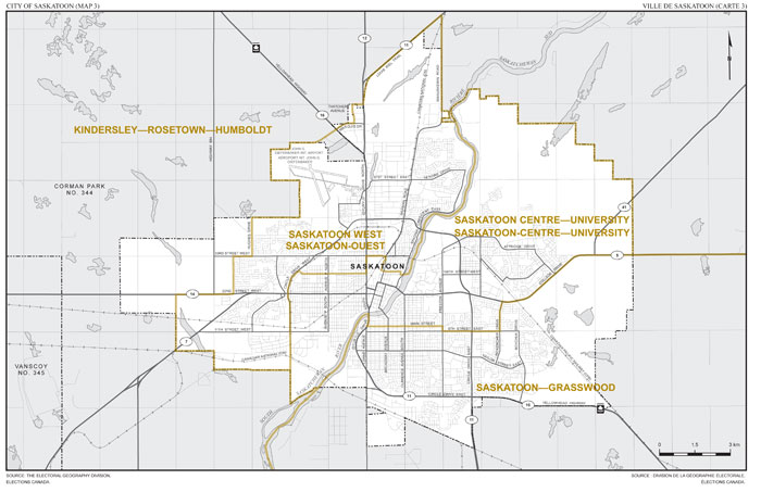 Carte 3 : Carte des limites et noms proposés pour les circonscriptions électorales de la ville de Saskatoon