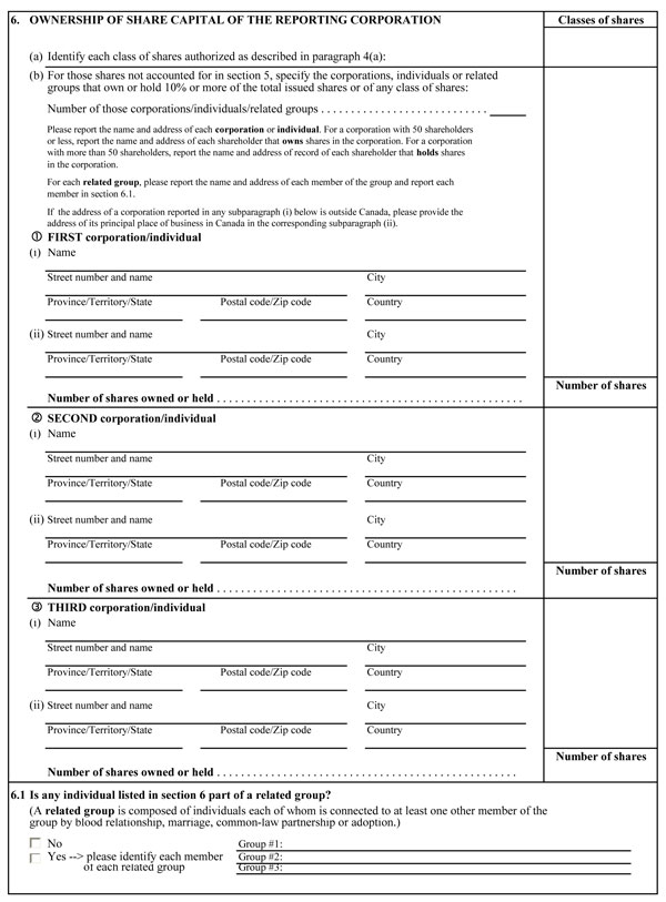 Schedule 1, annual return of corporations form designed to collect detailed information on foreign ownership and control in the Canadian economy