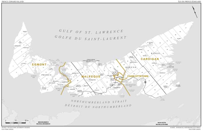 Carte 1 : Carte des limites et noms proposés pour les circonscriptions électorales de l’Île-du-Prince-Édouard
