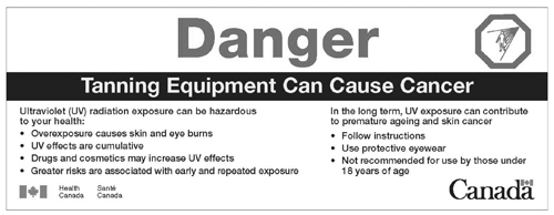 Warning Labels from Health Canada for tanning equipment