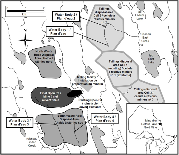 La mine d'or de Detour Lake et les plans d'eau qui seraient remblayés par les résidus miniers et les stériles