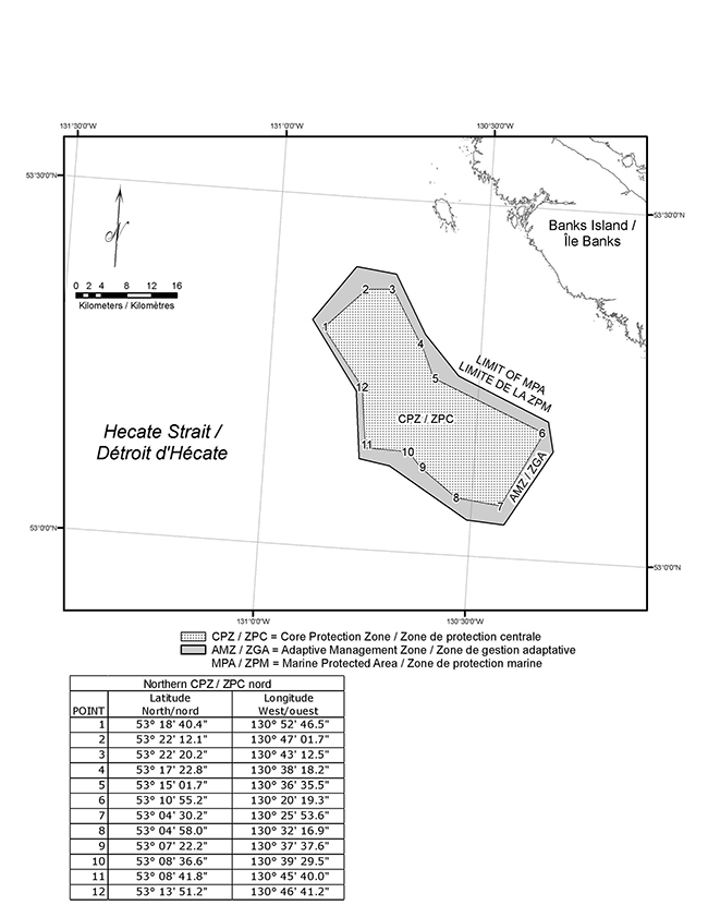 ??L'annexe 4 est une carte qui représente la zone de protection marine du récif sud, incluant une zone de protection centrale entourée d'une zone de gestion adaptative. L'annexe contient aussi un tableau qui donne les coordonnées géographiques de la zone de protection centrale.????
