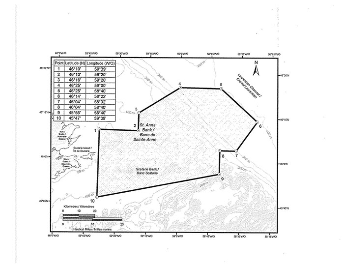 L'annexe est une carte qui représente l'emplacement de la zone de protection marine du banc de Sainte-Anne. Elle contient aussi un tableau dans lequel figurent les coordonnées géographiques des points visés au paragraphe 2(1) du présent règlement qui délimitent la zone de protection marine.