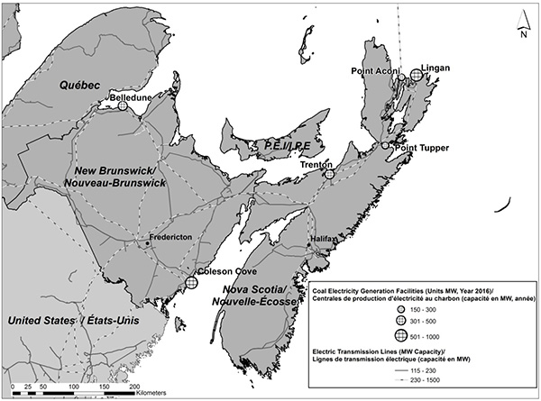 Figure 2 : Installations de production d'électricité alimentées au charbon au Nouveau-Brunswick et en Nouvelle-Écosse