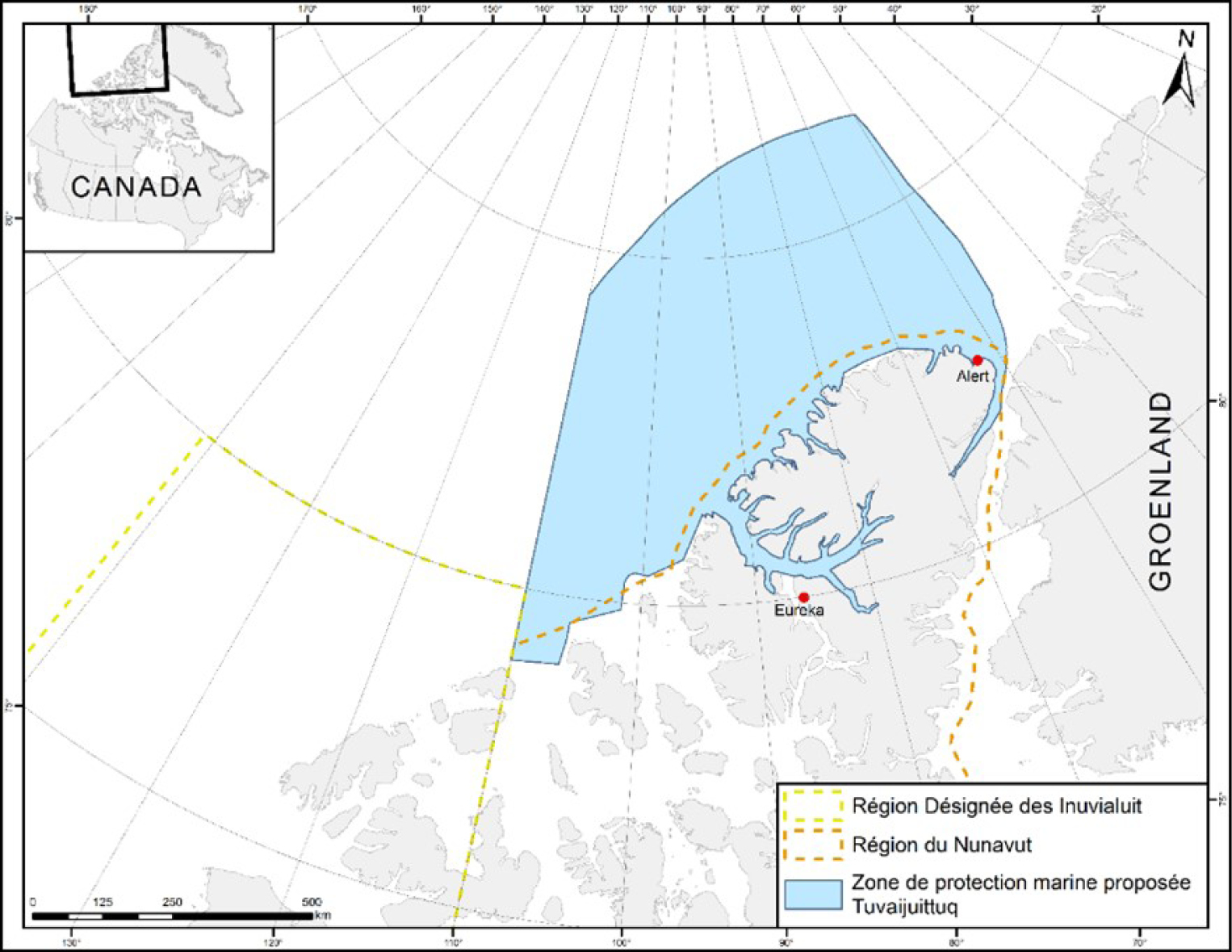 Figure 1. Carte de la zone de protection marine proposée de Tuvaijuittuq – Version textuelle en dessous de l'image