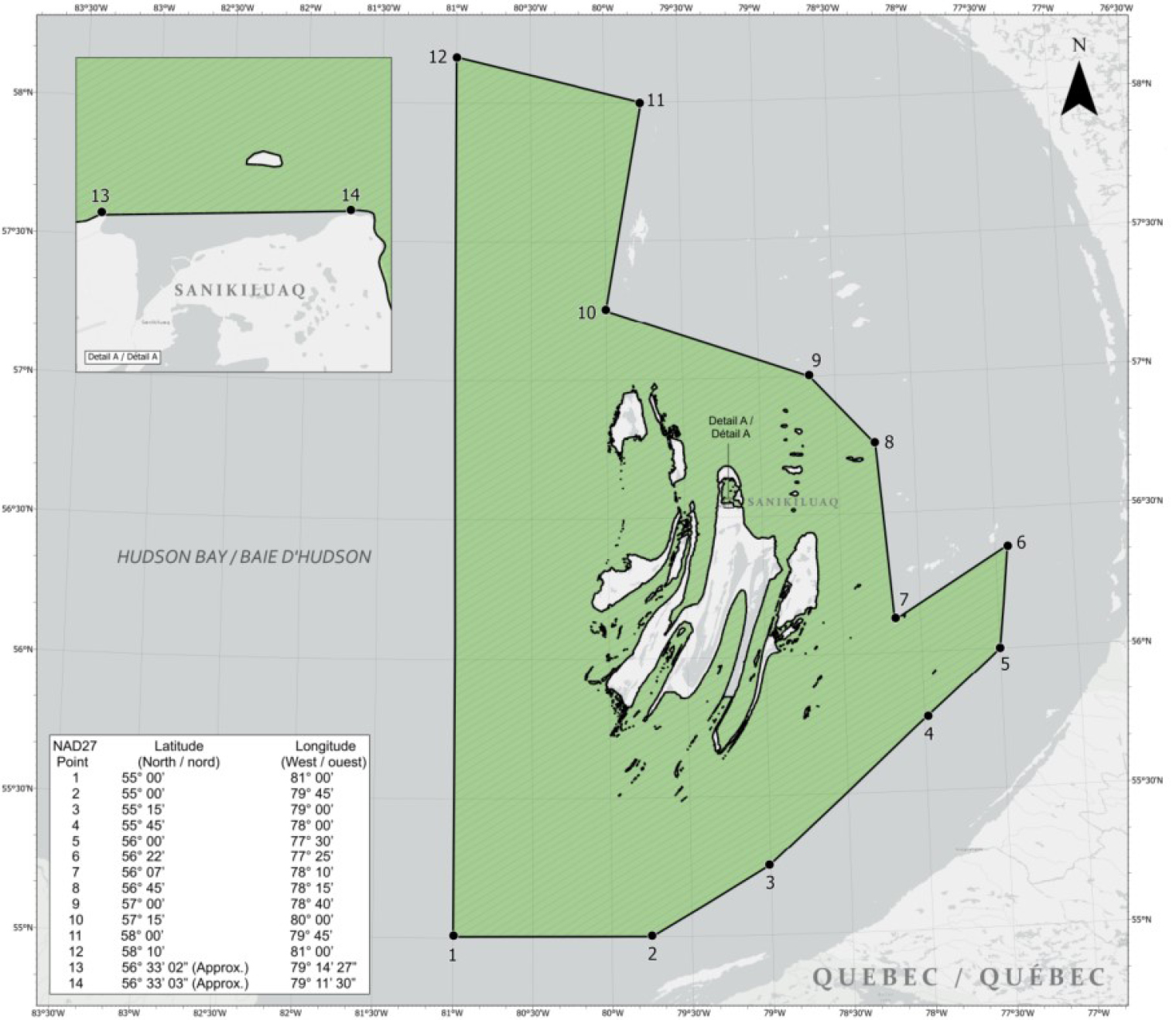 Figure 1 : Carte de la ZPM de Qikiqtait proposée - Version textuelle en dessous de la carte