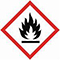 A red square, set on one of its points, outlined on a white background, symbolizing danger. It contains, inside its perimeter, the image of a flame with a thick black edge and the middle of the image, also in the shape of a flame, is white. This image rests above a horizontal black line of the same width as the black contour of the flame. This pictogram is used to warn about the presence of a flammability hazard.