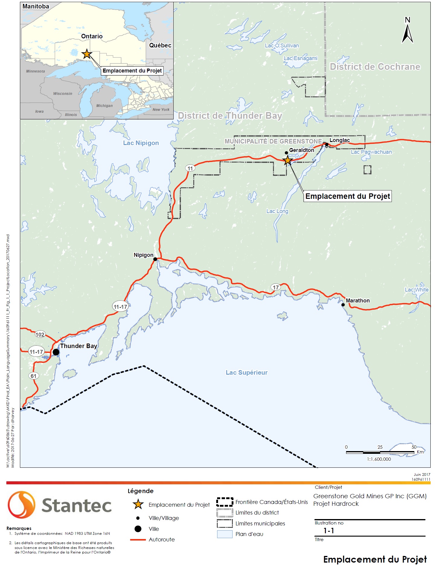 La figure 1 est une carte à l'échelle 1: 1 600 000 montrant l'emplacement général du projet minier Hardrock en Ontario. – Description ci-dessous