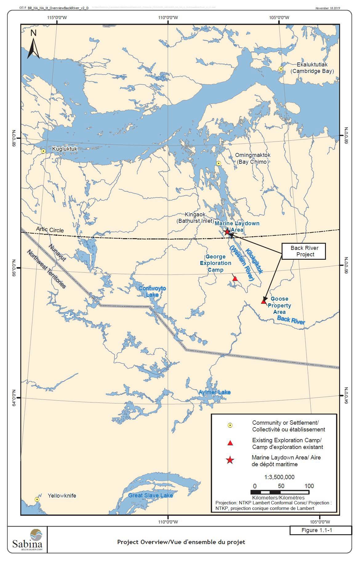 La figure 1 est une carte à l'échelle 1: 3 500 000 montrant l'emplacement général du projet minier Back River au Nunavut – Description ci-dessous