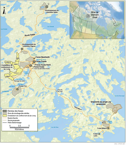 Emplacement de la mine Ekati par rapport au Canada ainsi qu'aux Territoires du Nord-Ouest. - Description ci-dessous