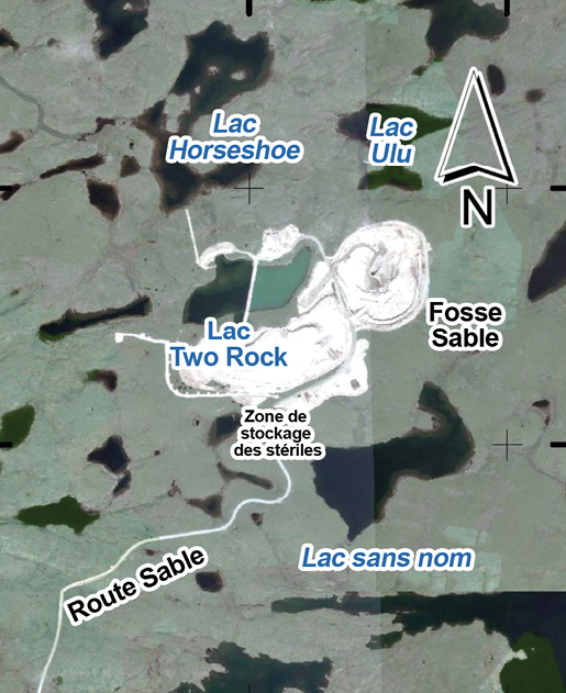 Le bassin de sédimentation Two Rock et autres installations minières vues d'en haut.