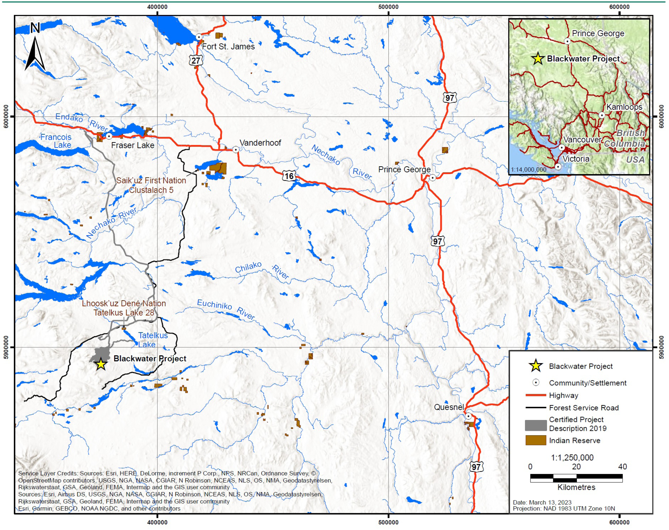 A 1:1,250,000 scale map shows the general location of the Blackwater Gold Project in British Columbia – Text version below the image