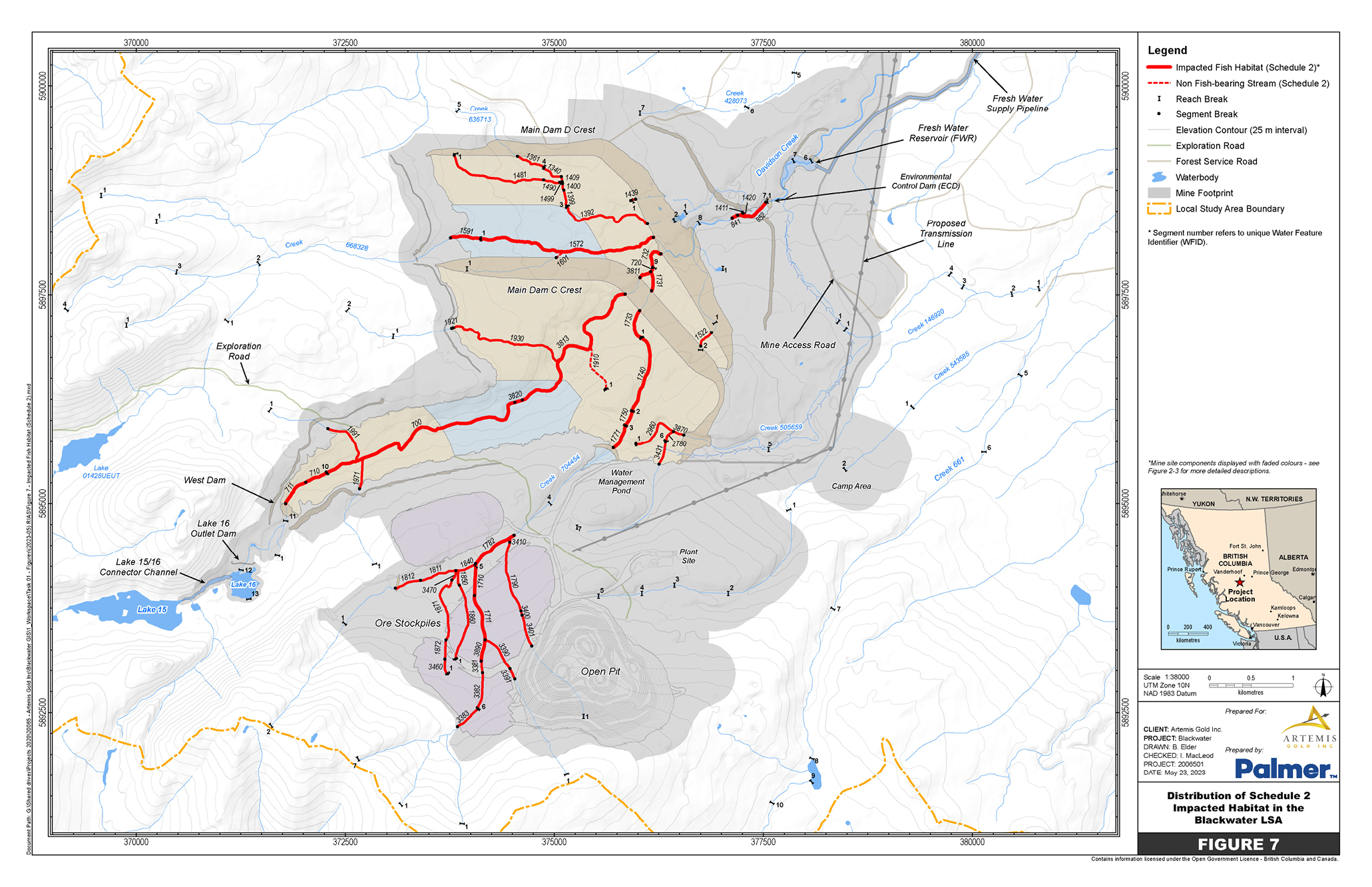 A 1:38,000 scale map shows the location of the impacted water bodies at the mine site, in British Columbia, to be listed in Schedule 2 of the MDMER – Text version below the image