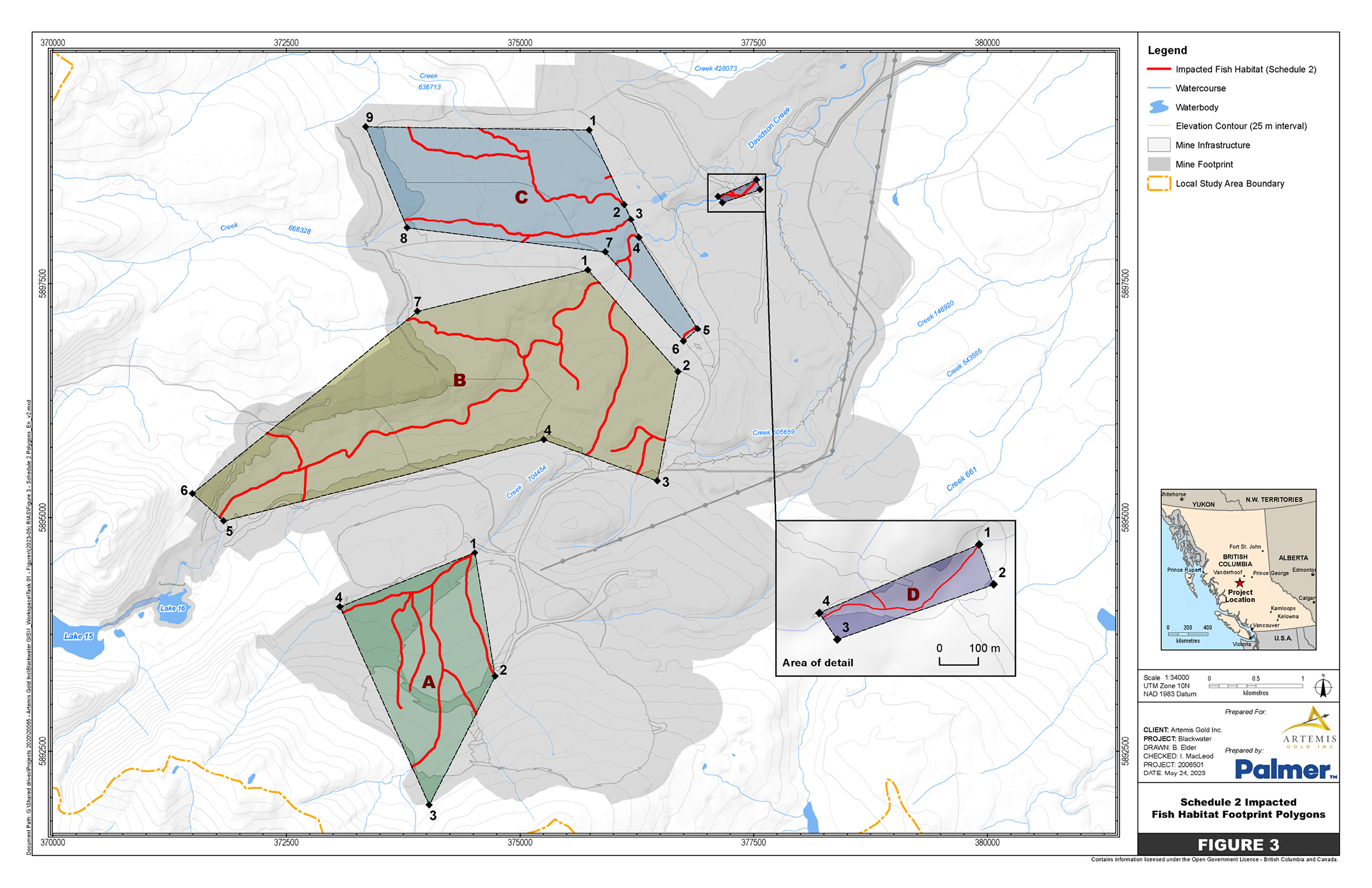A 1:34,000 scale map of the mine site in the province of British Columbia with four specific geographic areas encompassing the impacted water bodies to be listed in Schedule 2 of the MDMER – Text version below the image