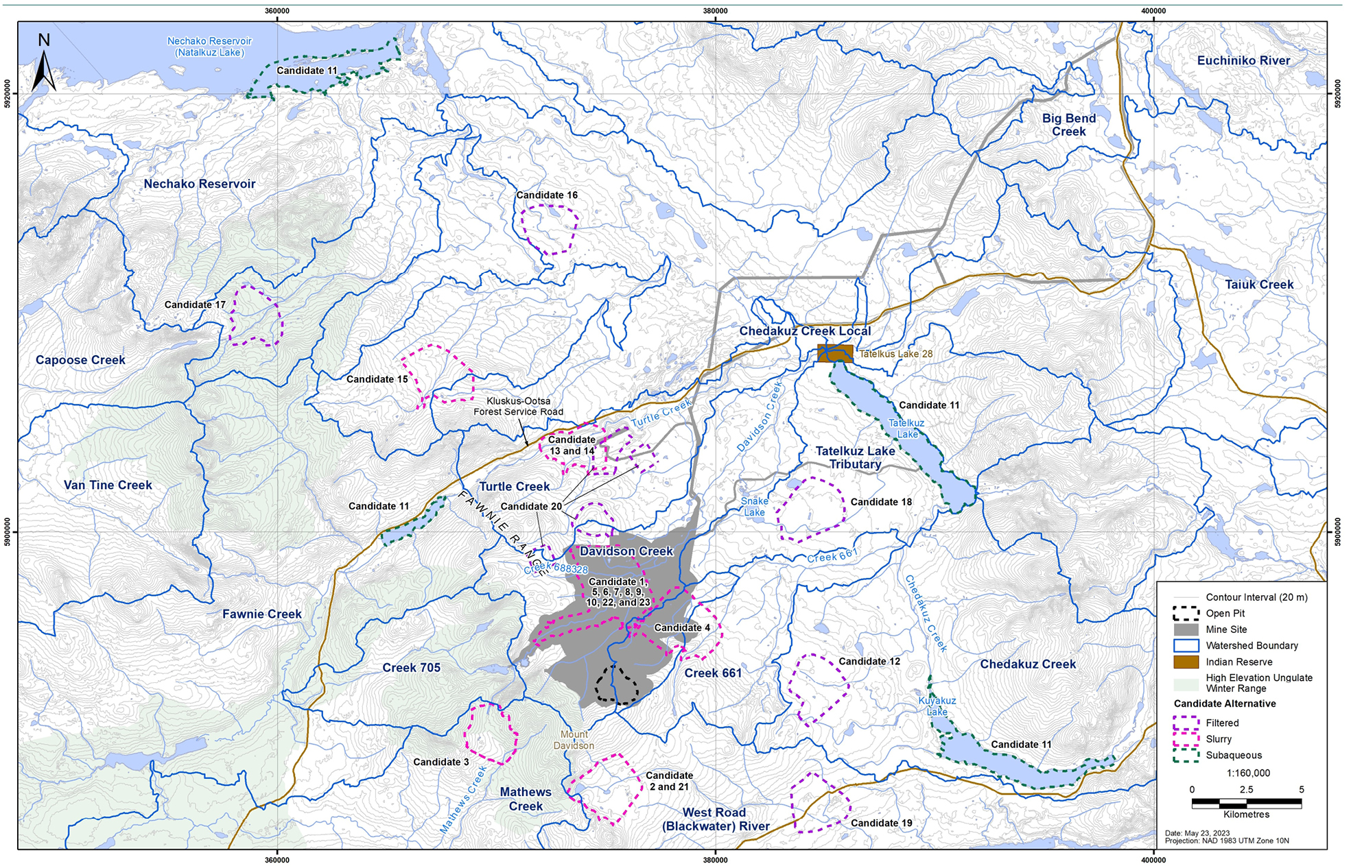 A 1:160,000 scale map of the mine site in British Columbia with the locations of various candidate alternatives for the Tailings Storage Facility – Text version below the image