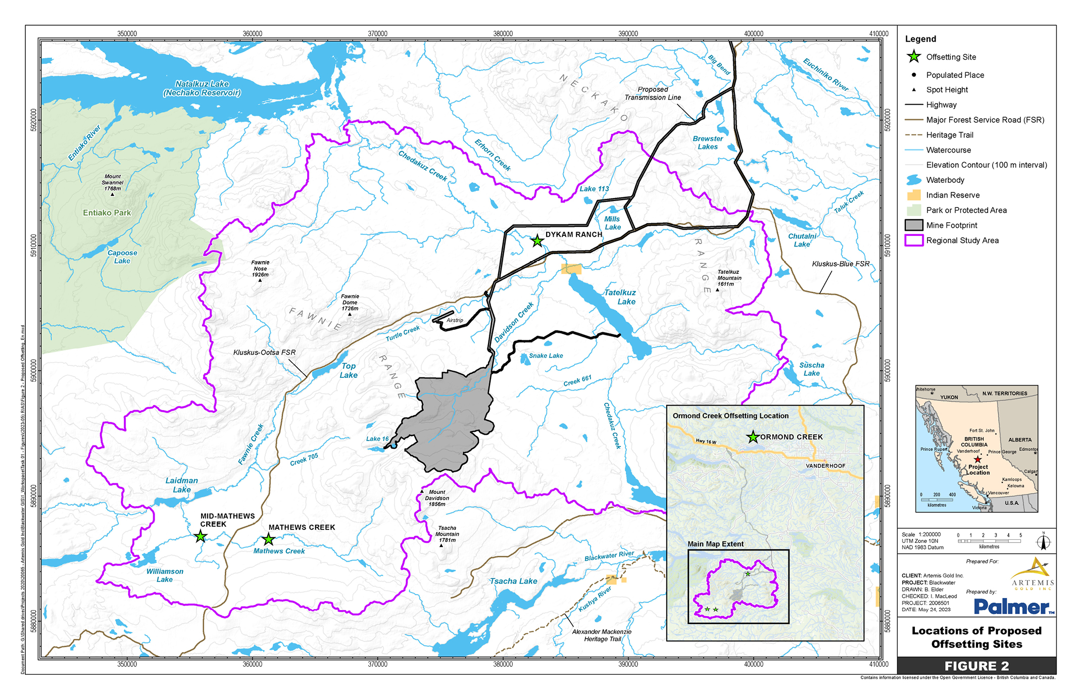 A 1:200,000 scale map of the Project location, in British Columbia, identifying the locations of the compensation measures – Text version below the image
