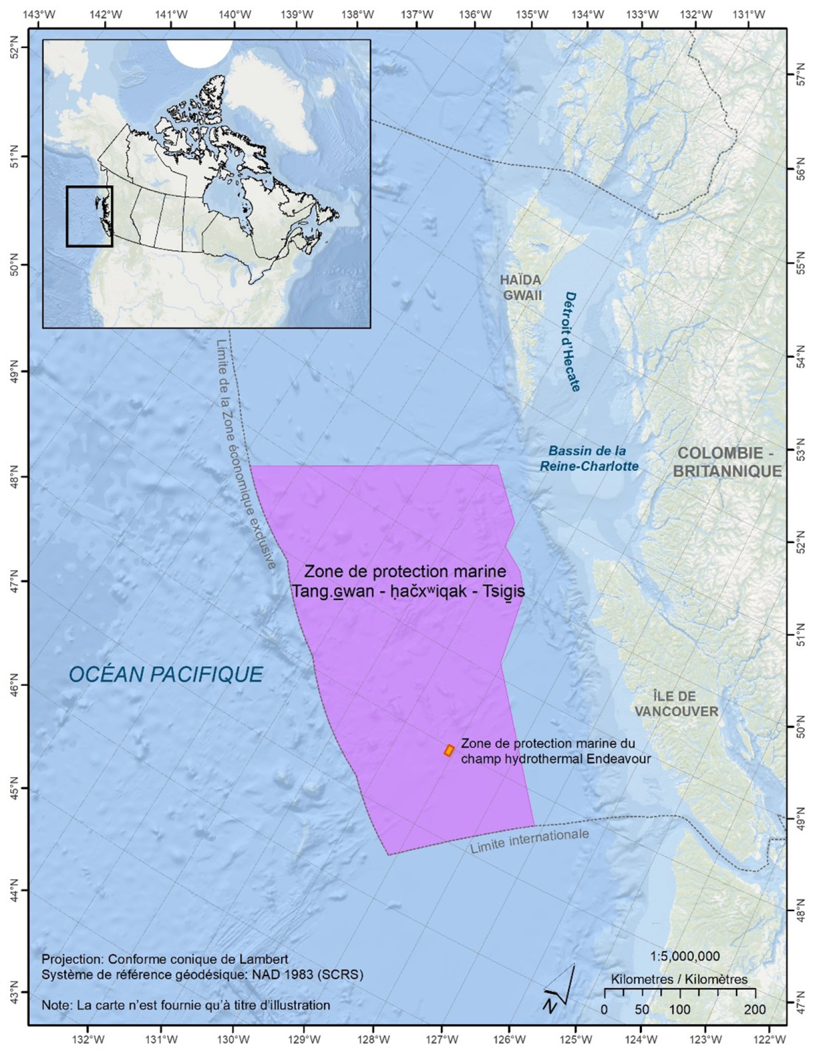 Figure 1 : Emplacement de la zone de protection marine Tang.<u>ɢ</u>wan — ḥačxʷiqak — Tsig̱is  – Version textuelle en dessous de l'image